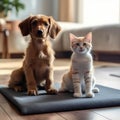 Animals. Sports concept. A red-haired domestic dog and a white tabby cat are sitting on a yoga mat in a home interior