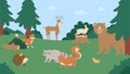 Animals in summer nature, cartoon happy wild animalistic characters standing on natural green meadow Royalty Free Stock Photo