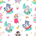 Animals summer seamless pattern. Children animal seasonal background. Decorative baby cloth print with cute raccoon