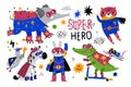 Animals superheroes. Funny comic characters in super outfits, masks and capes, cute heroes, elephant on rollerskates