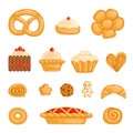 A set of baked goods bagel, bread, cake, cupcake, roll, biscuit,gingerbread man, kurasan, donut, pie, cheesecake.