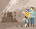 Conceptual poster of air pollution. Family breathes dirty air from a smoking factory