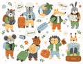 Animals tourists flat illustrations set. Cute fox, rabbit, mouse, sheep, raccoon and bear with suitcases Royalty Free Stock Photo