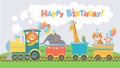 Animals on train greeting card. Happy birthday cute animal in railroad car, pets ride on toy locomotive funny cartoon Royalty Free Stock Photo