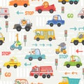 Animals in transport seamless pattern. Kid cartoon cars, bus, police and bike with animal driver. Vector texture with