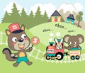 Vector cartoon of funny animals playing with steam train in countryside Royalty Free Stock Photo