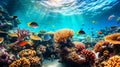 Animals of the underwater marine world. Ecosystem. Colorful tropical fish on a coral reef. Generative AI illustration. Royalty Free Stock Photo