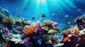 Animals of the underwater marine world. Ecosystem. Colorful tropical fish on a coral reef. Generative AI illustration. Royalty Free Stock Photo