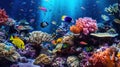 Animals of the underwater marine world. Ecosystem. Colorful tropical fish on a coral reef. Generative AI illustration. Royalty Free Stock Photo