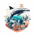 Animals of the underwater sea world. Ecosystem. Whale. Life in the coral reef. World oceans day. Illustration. Ai generated Royalty Free Stock Photo