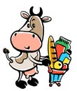 Funny cow with a basket of groceries