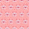 Vector flat animals colorful illustration for kids. Seamless pattern with cute pig face on pink polka dots background. Royalty Free Stock Photo