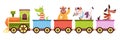 Animals wagon. Happy crocodile and bear, cow and dog ride in colorful train, little passengers in bright locomotive and