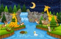 Animals at waterfall night scene