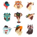 Animals wearing hats and sunglasses, hipster animal portraits cartoon vector Illustration on a white background.