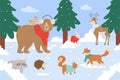 Animals in winter forest, cartoon cute animalistic characters in scarf or sweater standing together