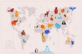 Animals on world map flat vector illustration