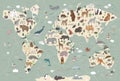 Animals world map vector poster illustrations set