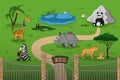 Animals of zoo in cartoon style. Scene with funny characters. Wildlife poster