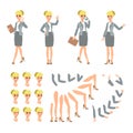 Animate businesswoman character. Young lady personage constructor. Different woman postures, face, legs, hands. Vector cartoon per