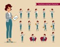 Businesswoman character set. Animate character. Female personage constructor. Different woman postures. Vector set