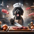 Animated anthropomorphic black terrier dog Chef Enthusiastic Prepares Meal in photo art Kitchen Set