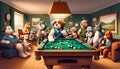 Animated anthropomorphic dogs playing pool in a cozy, vintage room.