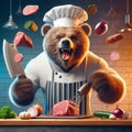 Animated anthropomorphic grizzly bear Chef Enthusiastically Prepares a Meal in a Kitchen Setting