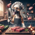 Animated anthropomorphic jack russel dog Chef Enthusiastically Prepares a Meal in a Kitchen Setting