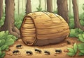 Animated Ants Around a Wooden Barrel in the Forest