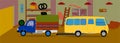 Animated background of a garage, the garage on the repaired yellow bus and truck