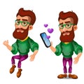 Animated bearded man with glasses writes a love message on a smartphone on Valentine`s day isolated on white background