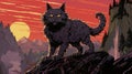 Animated Black Cat On Hill: Comic Art Lunarpunk Sunset