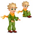 Animated blond boy in green clothes isolated on white background. Vector cartoon close-up illustration.