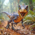 Animated blue dinosaur roaring in a forest