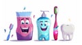 An animated cartoon character wearing a mouthwash bottle, toothbrush, paste tube, and floss. This illustration shows