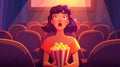 Animated cartoon image of mesmerized girl with pop corn bucket sitting behind a movie screen watching a very interesting