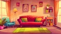 An animated cartoon of a living room with sofas and arm chairs. The interior includes a couch with pillows, a chair, a Royalty Free Stock Photo