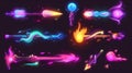 Animated cartoon modern illustration of colorful neon arrows with fire and smoke, glowing with purple, pink, and blue Royalty Free Stock Photo