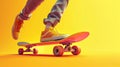 Animated cartoon skateboard and legs on blue background. Skateboarder rides speedily. Illustration of an active