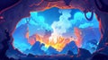 Animated cartoon volcanic eruption view from cave. Hell landscape background with steaming magma flowing from volcano Royalty Free Stock Photo