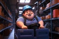 animated character driving forklift in storage facility