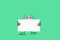 Animated character from a pebble with a happy face holds a piece of paper or big memo on green paper background