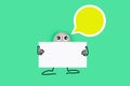 Animated character from a pebble with a happy face holds a piece of paper or big memo, with memo in his mind, on green paper backg