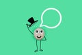 Animated character from a pebble with a happy face raises his hat in greeting, small memo on green paper background