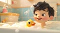 An animated child is seen taking a bubble bath with a rubber duck. The narrator talks about the importance of bath time