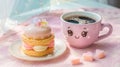 Animated coffee cup and pastries collage with heart-shaped candy decorations Royalty Free Stock Photo