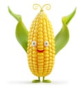 Animated corn character with a cheerful expression, with green leaves