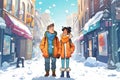 animated couple in puff jackets on a city street with snow