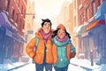 animated couple in puff jackets on a city street with snow